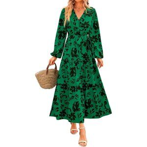PrettyGarden Womens Green Polyester V Neck Long Sleeve Ruffle Floral Maxi Dress